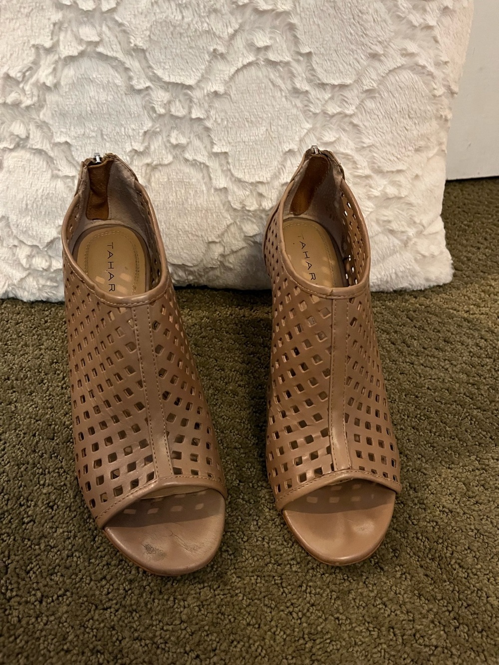 Tahari Tan Perforated Peep-Toe Heeled Booties